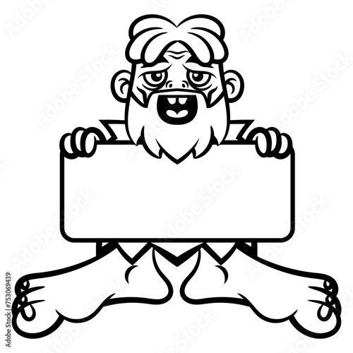 Caveman wearing outfit made by animal skin and carrying a wooden signboard. Best for outline, logo, and coloring book with prehistory themes for children