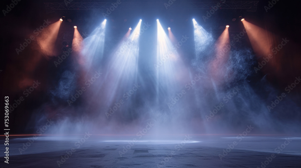 Immerse yourself in the atmosphere of an empty stage adorned with dazzling spotlights. AI generative