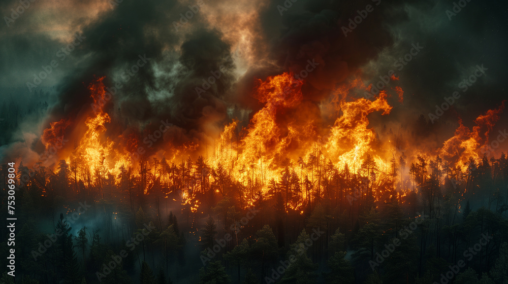 A catastrophic scene of a raging wildfire engulfing a dense forest at night, with ominous smoke and fierce flames..