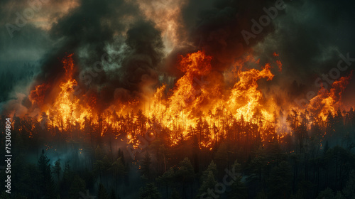 A catastrophic scene of a raging wildfire engulfing a dense forest at night  with ominous smoke and fierce flames..