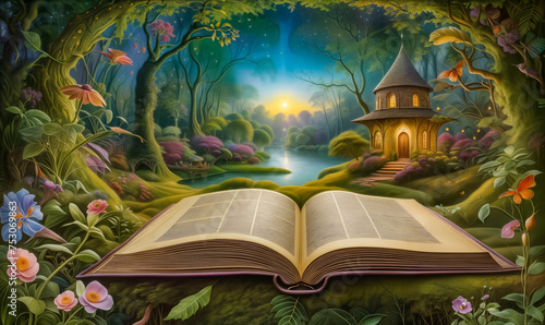 Opened magic book in a fantasy setting with a magical fairy forest, a little gnome house, river and flowers. enchanted fairy forest landscape. Fantasy background.