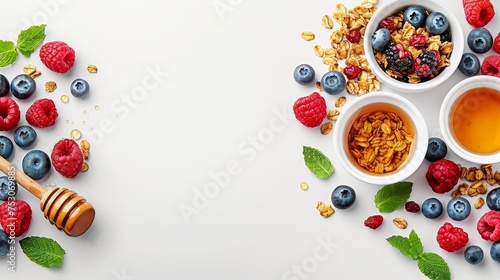 Healthy american breakfast granola with milk, berries honey on white background with copy space