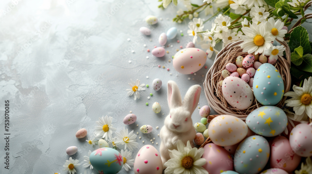 Capture the essence of springtime festivities with a delightful flatlay of pastel Easter eggs and a decorative basket. AI generative