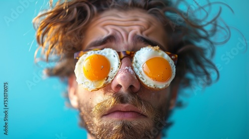 portrait of a young man wearing glasses with poached eggs instead of glasses. Surreal funny easter concept