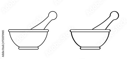 Mortar to grind herbs. Kitchenware icon. Mortars and pestle. Mixing herbal medicine icon. Pharmacy logo. Mortar and pusher for herb grinding. Medicine bowl. Healthy food, meal concept.