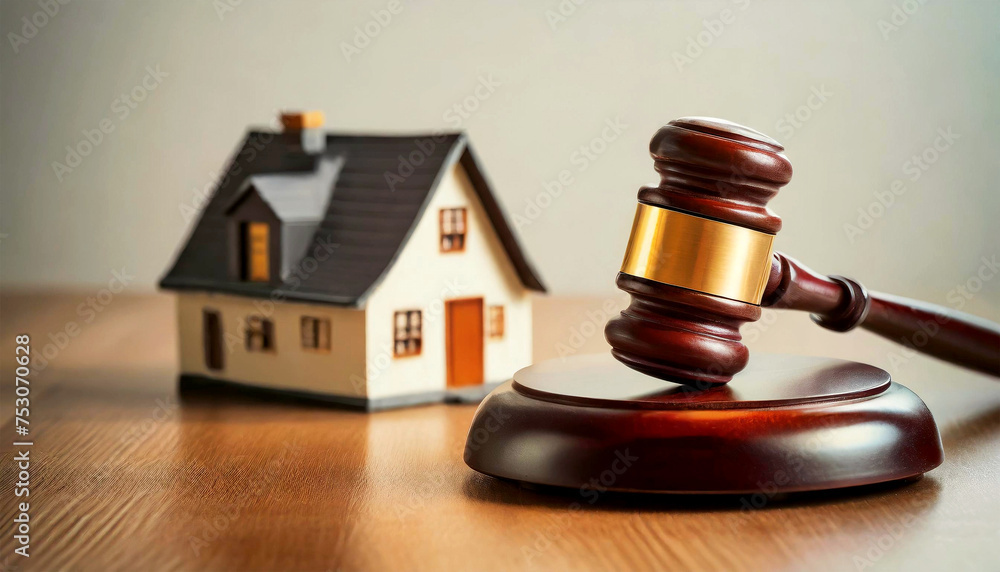 Close-up of a gavel and a small model house on a wooden table with copy space. Generative Ai. Close-up of a gavel and a small model house on a wooden table with copy space. Generative Ai.