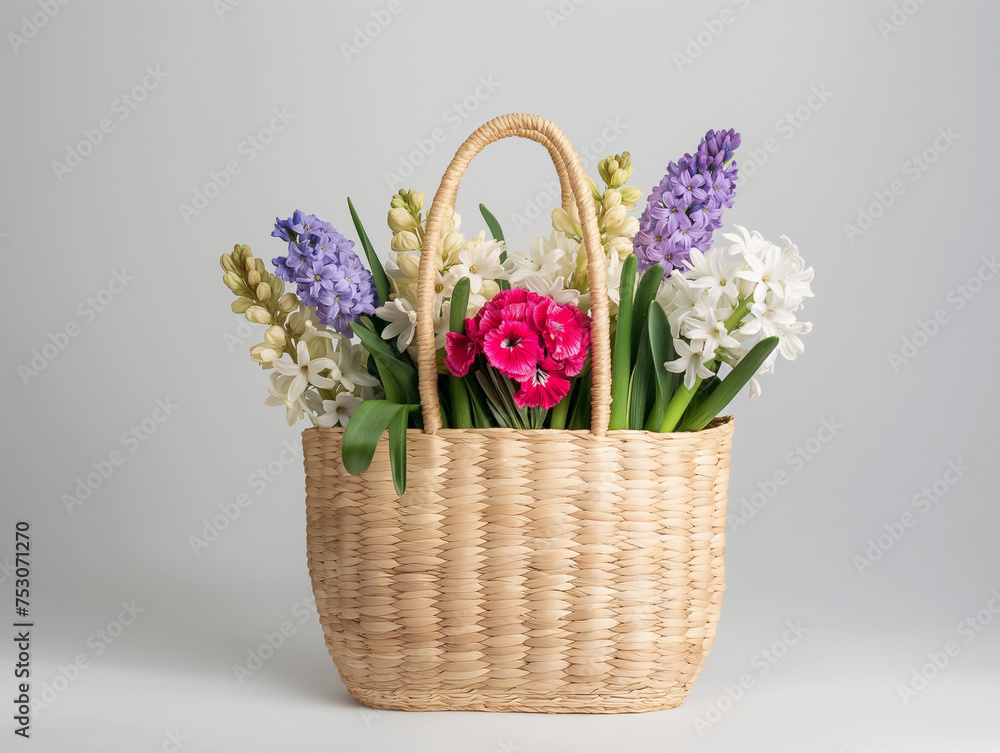 Lovely straw bag adorned with hyacinth and carnation blossoms in season