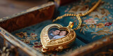 Family Memories in Heart-Shaped Locket. Sentimental open gold heart shape locket pendant displaying a family photo, cherished moment in time.