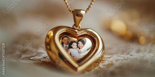 Family Memories in Heart-Shaped Locket. Sentimental open gold heart shape locket pendant displaying a family photo, cherished moment in time.