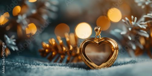 Gold jeweled pendant locket with blank copy space to insert a photo. Mockup template of a heart shaped pendant on a chain. photo