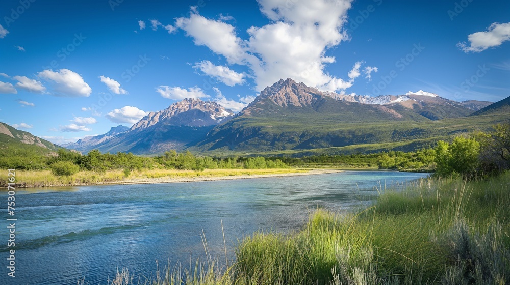 Sun-kissed mountain range standing tall by a serene river, under a vivid blue sky.