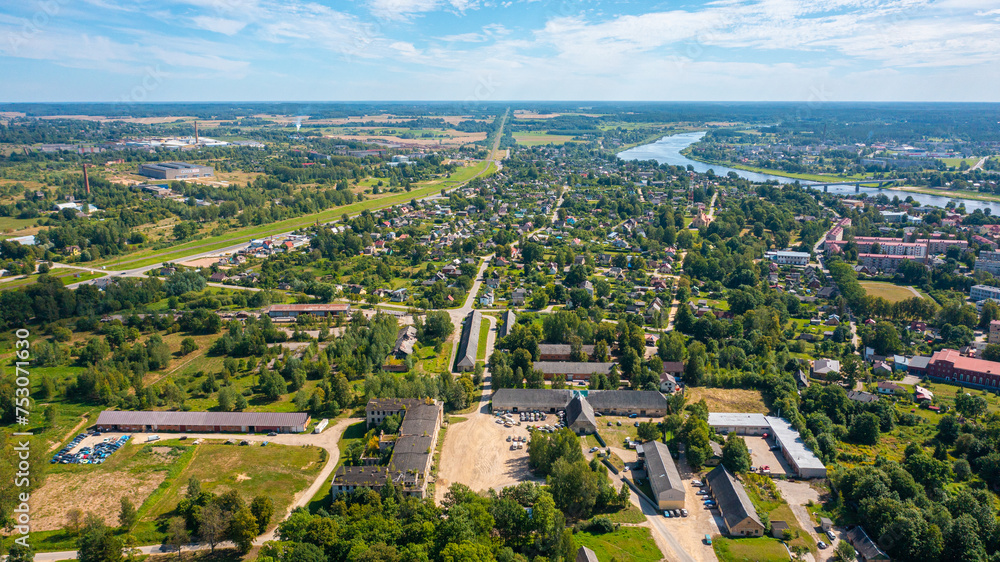 Aerial photo from drone of Krustpils city on a sunny summer day. Jekabpils, Krustpils, Latvija (Series)