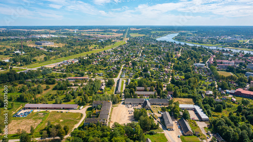 Aerial photo from drone of Krustpils city on a sunny summer day. Jekabpils, Krustpils, Latvija (Series) photo