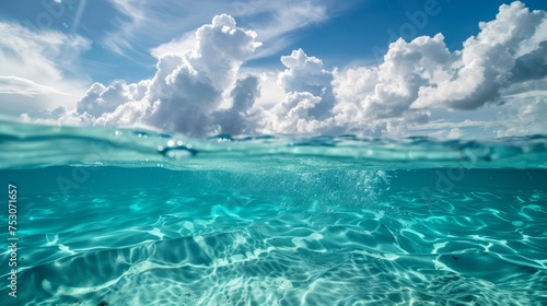 A split level shot of turquoise ocean water and clouds in a blue sky 