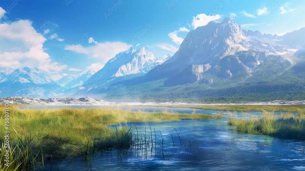 Sun-kissed mountain range standing tall by a serene river, under a vivid blue sky.