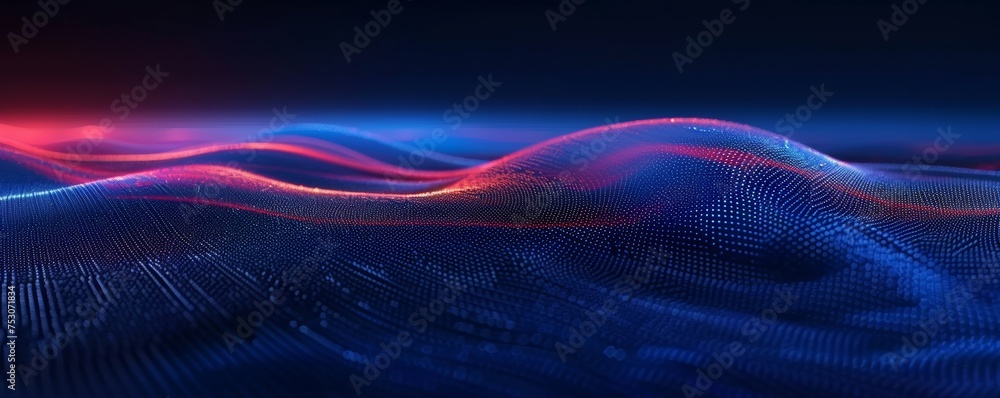 Futuristic abstract image featuring vibrant blue and red digital waves, representing a flowing particle system that could serve as a backdrop for technology events or ads. - obrazy, fototapety, plakaty 