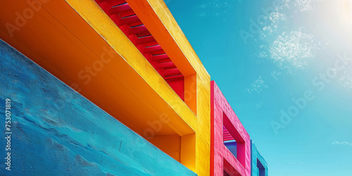Architectural Rainbow.
A unique, colourful building facade under blue skies, displaying a spectrum of hues.
