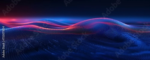 Futuristic abstract image featuring vibrant blue and red digital waves, representing a flowing particle system that could serve as a backdrop for technology events or ads.