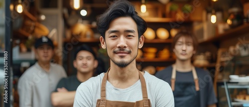 Adult asian male owner standing in front of the shop.