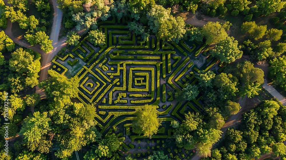 Aerial view of a beautiful maze in a garden in Royal Oak Farm Orchard near Harvard, Illinois, United States. 