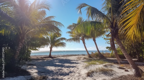 Sunlight filtering through the palm fronds, casting dappled shadows on the sandy beach beneath the expansive, clear blue sky.