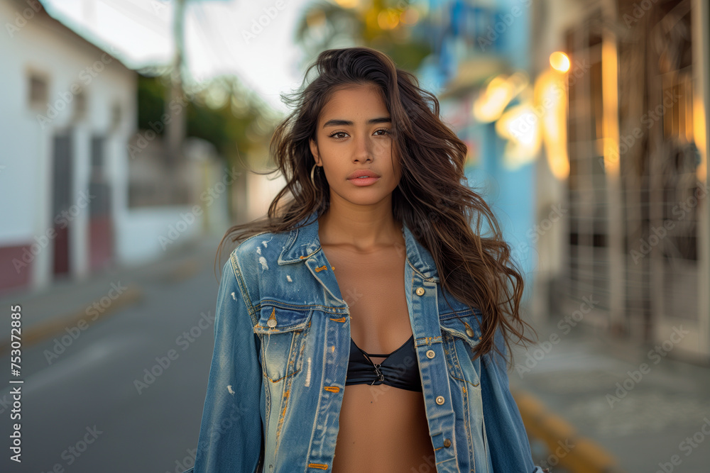 Young latina dressed in  denim jacket on a neighborhood street in a Latin American country street