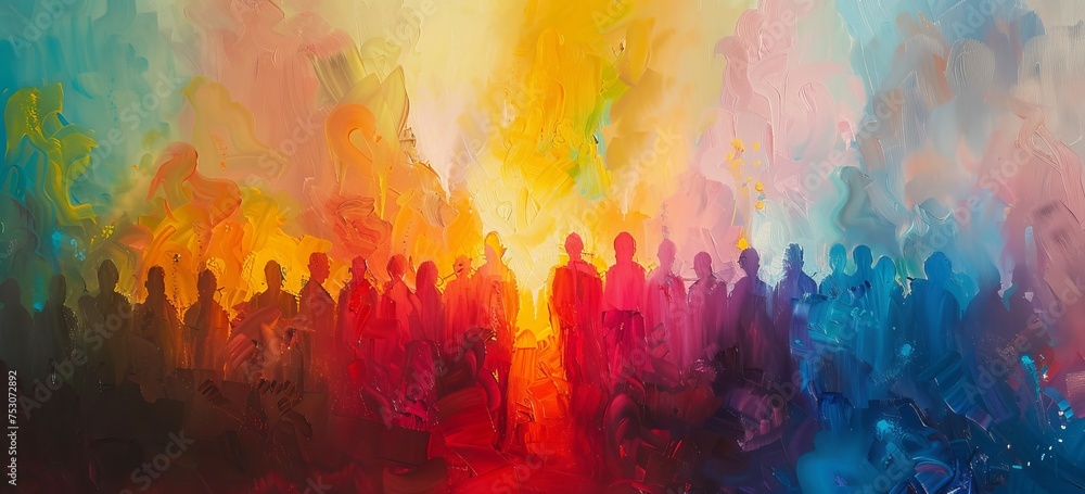 an abstract painting of people who are gathered