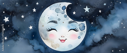 The smiling moon. Moon character. Dark night sky with stars. Watercolor style moon illustration.