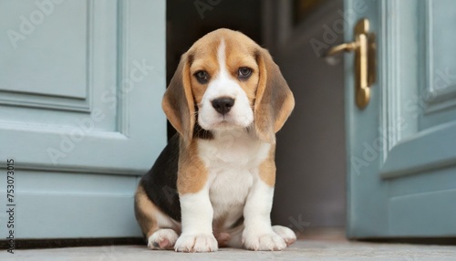 puppy beagle in front of a house waiting for owner