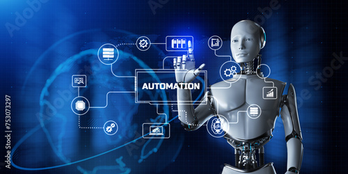 Robotic business process workflow Automation RPA. Robot pressing button on screen 3d render. © Murrstock
