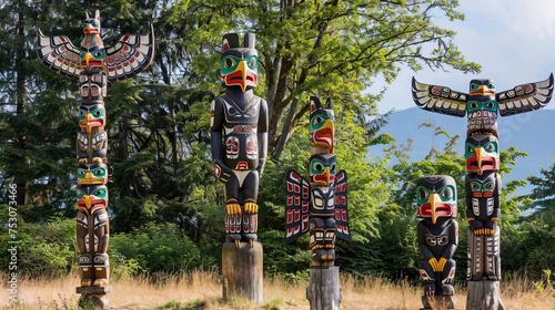 First nations totem poles, thunderbird park, vancouver island, next to the royal british columbia museum, victoria, bc