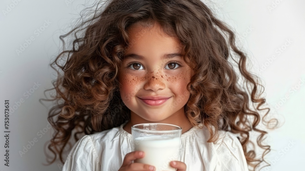 A happy 3-year-old Girl, clad in a crisp white shirt, she holds a glass of fresh milk. A happy 3-year-old Girl, clad in a crisp white shirt, she holds a glass of fresh milk.