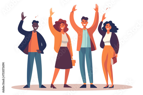 Group of happy people standing together, waving and inviting new customer, colleague. Concept of happy multiethnic team welcome newcomer. Flat vector cartoon illustration isolated on white