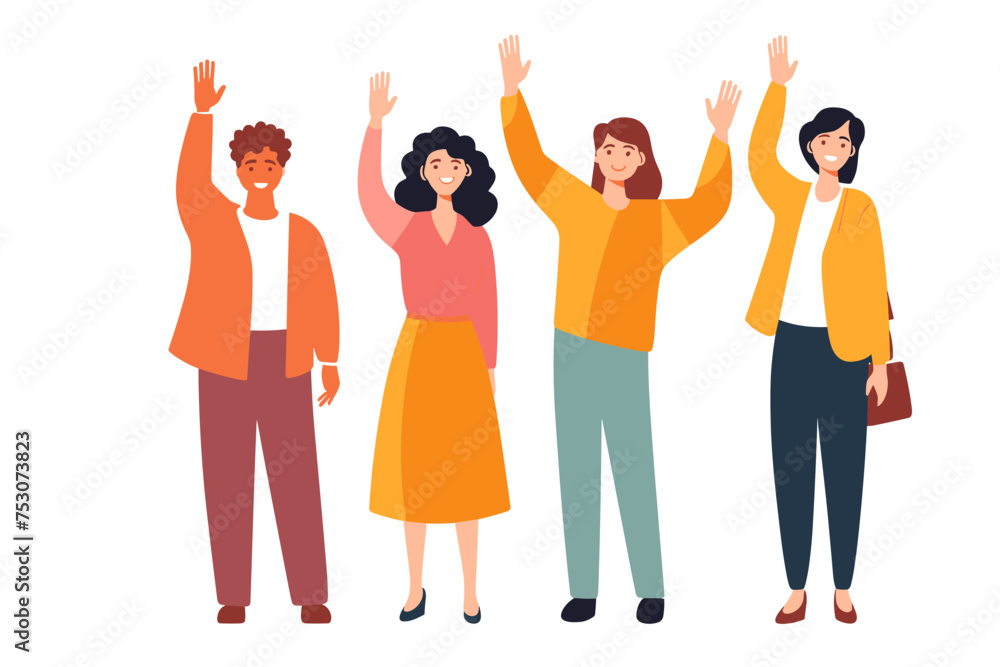 Fototapeta premium Group of happy people standing together, waving and inviting new customer, colleague. Concept of happy multiethnic team welcome newcomer. Flat vector cartoon illustration isolated on white