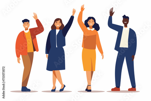 Group of happy people standing together, waving and inviting new customer, colleague. Concept of happy multiethnic team welcome newcomer. Flat vector cartoon illustration isolated on white