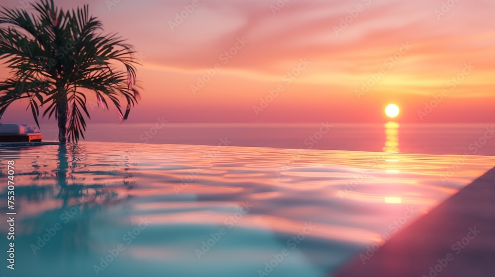 Sunset serenity in a detailed shot of a lavish pool, where the warm hues of the sky reflect off the pristine water, creating a tranquil ambiance
