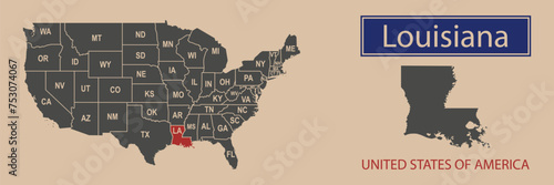 Vector map borders of the USA Louisiana state. State of Louisiana on the map of the United States of America.