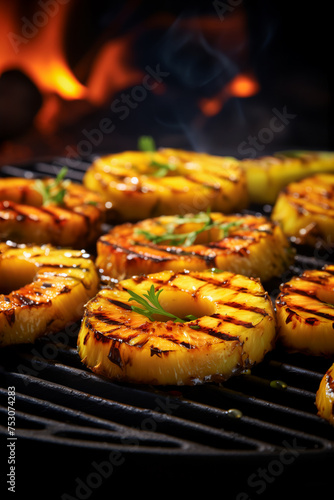 Grilled pineapple rings on grill rack. Summer bbq delight. Vertical, side view.