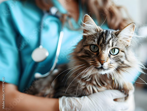 Female veterinarian holds sick cat close-up. Diagnostics of pets health clinic concept