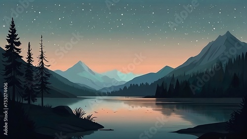 Forest Landscape Wallpaper, lagoon, river, ice, snow, sky, cartoon, animated, mountain. AI Generative