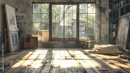 Light Dances Through Windows, Illuminating a Space Where Wood Meets Whiteness, A Symphony of Sunlight and Shadows