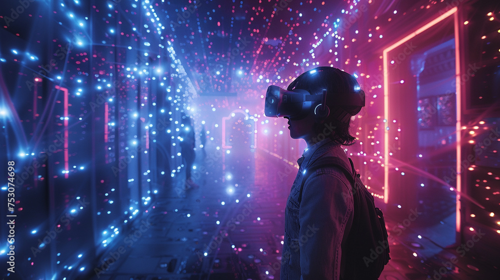 VR glasses. Young woman reaches out while immersed in a dynamic and interactive virtual reality experience, surrounded by glowing lights. Suggesting futuristic technology.