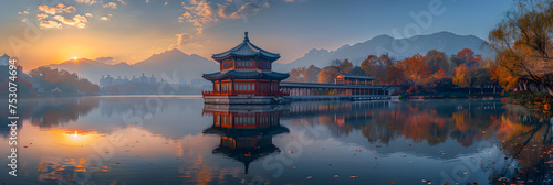 Yangju Pavilions of West Lake Landscape , Serene lakeside landscape in nagano 