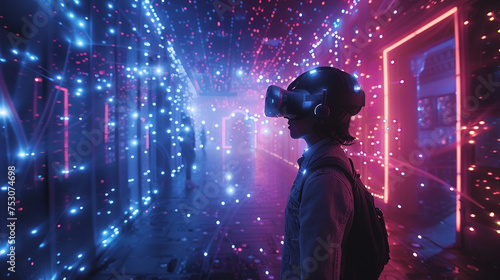 VR glasses. Young woman reaches out while immersed in a dynamic and interactive virtual reality experience, surrounded by glowing lights. Suggesting futuristic technology.