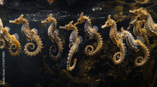 The delicate ballet of a group of seahorses, their tails entwined in a synchronized underwater dance.