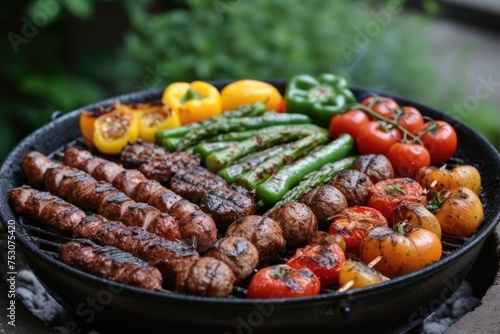 Beef Meat with Vegetables Grilled. Homemade cooking beef, tomato, pepper on grill for restaurant, menu, advert or package, close up, selective focus