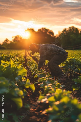 A farmer taking care of his crops in the field at sunset
