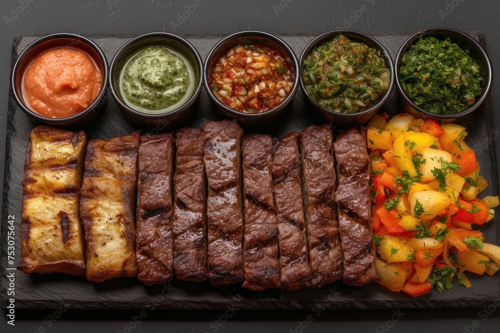 Grilled Meat with vegetables, 3d on dark background. Realistic roasted beef steak, icon, detailed for restaurant, menu, advert or package Grilled Meat with vegetables, 3d on dark background. Realistic roasted beef steak, icon, detailed for restaurant, menu, advert or package