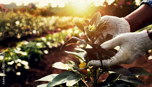 gardener working in his garden taking care of his ornamental plants
