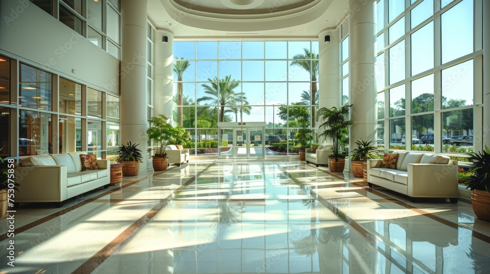 A spacious hospital lobby designed for patient comfort and efficient movement A spacious hospital lobby designed for patient comfort and efficient movement